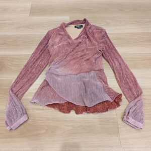 PatBo - Pink Metallic Wrap Shiny Long Sleeve Blouse - Size L
